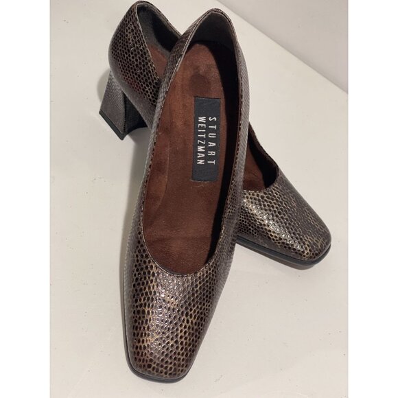 Stuart Weitzman Brown Snakeskin Leather Block Heel Pumps Size 6B Made Spain - Picture 10 of 14